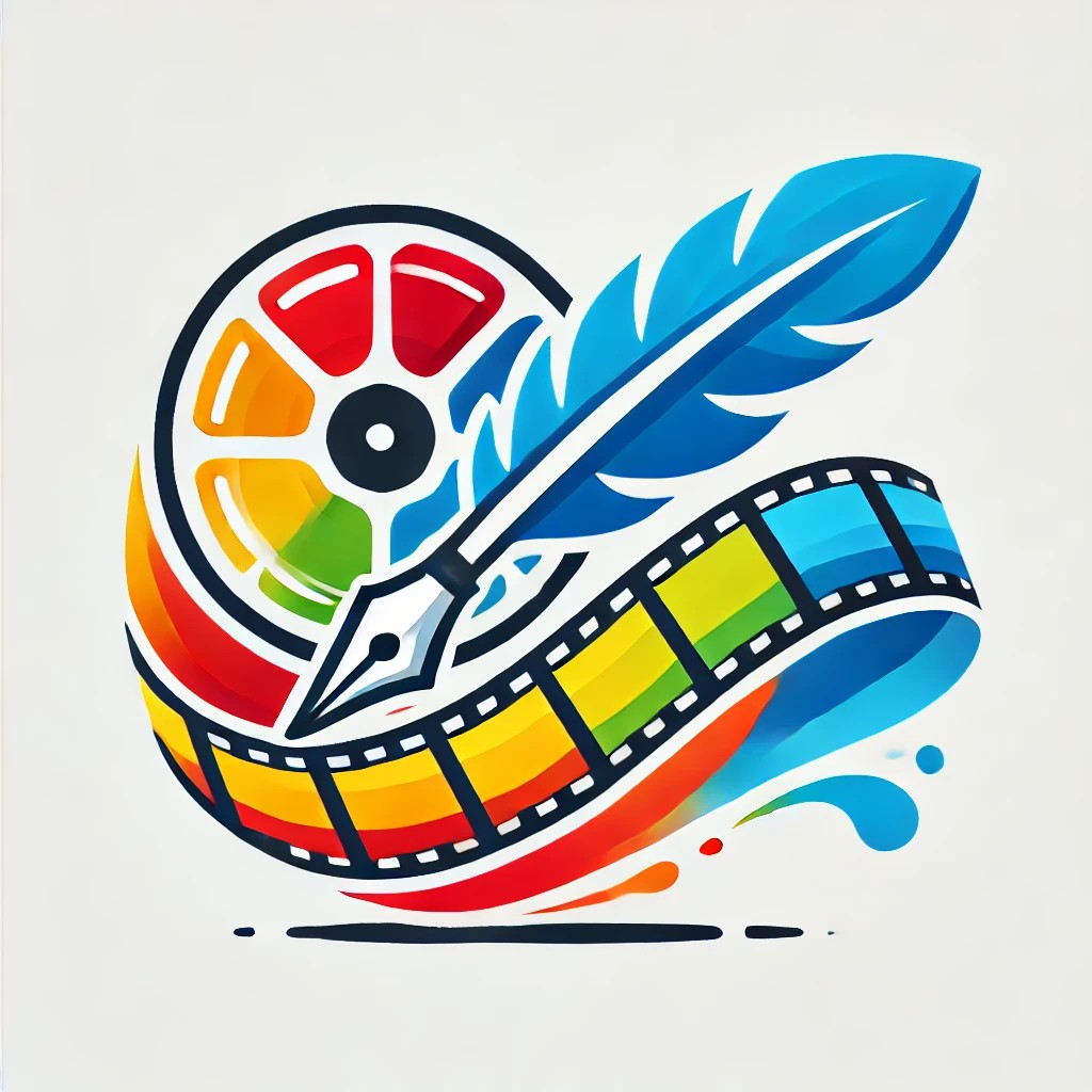 The logo features a colourful and modern design of a quill pen crossing over a partially unspooled film reel, with vibrant shades of blue, red, yellow, and green, representing a blend of literary and cinematic arts.