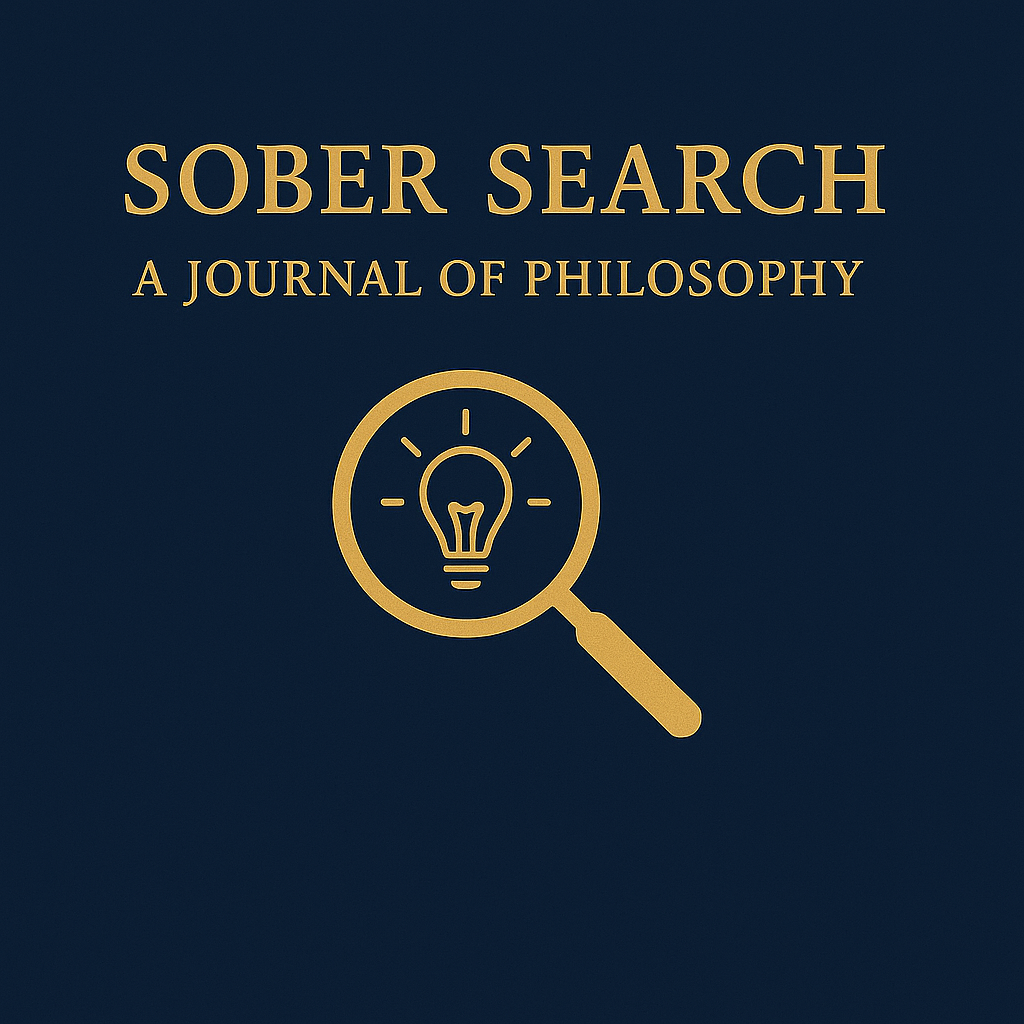 The image presents the logo for Sober Search: A Journal of Philosophy, featuring gold serif text on a dark navy background, with a magnifying glass encircling a lightbulb beneath the title, symbolising philosophical inquiry, critical thought, and intellectual illumination.
